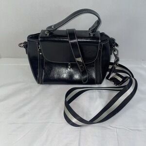 Black Faux Leather Satchel Handbag White Stitching Striped Crossbody Strap
